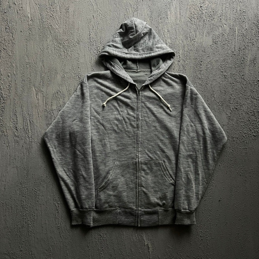 Vintage Thermal Full Zip‎ Hoodie Medium Grey 1970s Waffle Lined
